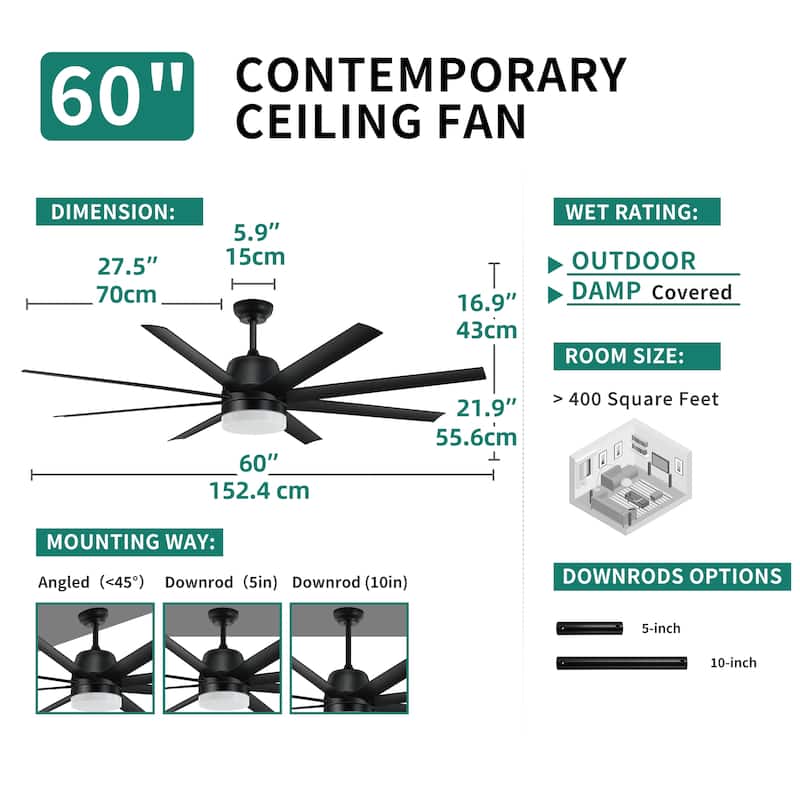 Moasis 60-inch 8 Blades Ceiling Fans with Lights and Remote,Dimmable LED 3 Color - 60"