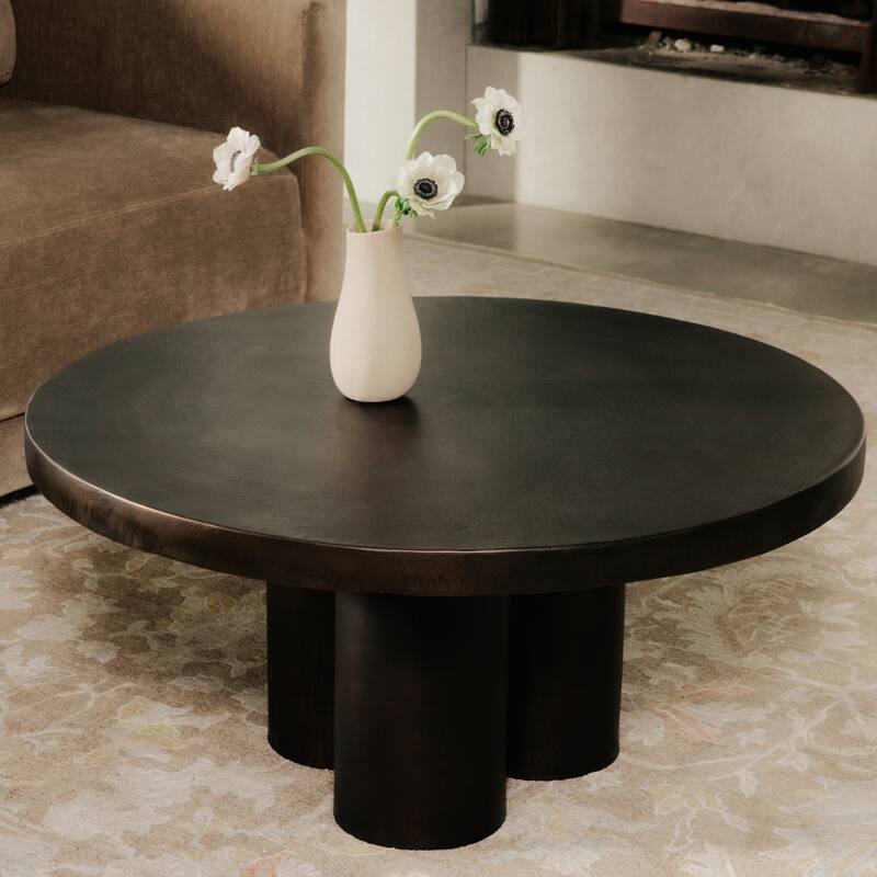 NADAAL STUDIOS Renric Outdoor Coffee Table, Round Cast Aluminum with Grooved Legs, Black Finish