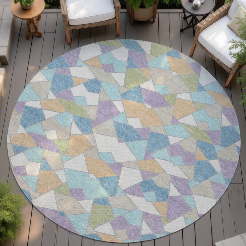 Machine Washable Indoor/ Outdoor Modern Mosaic Chantille Rug - Cream - 8' x 8'