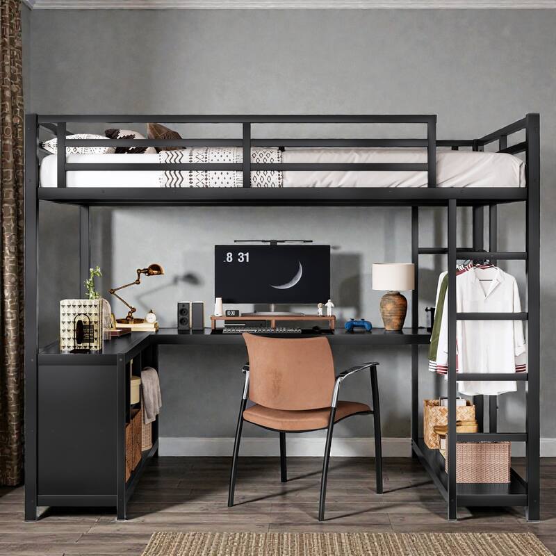 Twin XL Metal Loft Bed with Wardrobe and L-Shaped Desk, Storage Shelves and Cubes, Space-Saving Loft Bed for Kids Teens Adults - Black - Twin XL