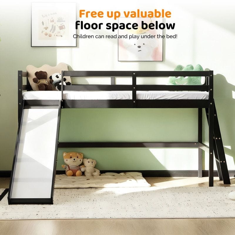 Loft Bed with Slide, Twin, Space Saving Kids Low Loft Bed with Guardrail and Ladder