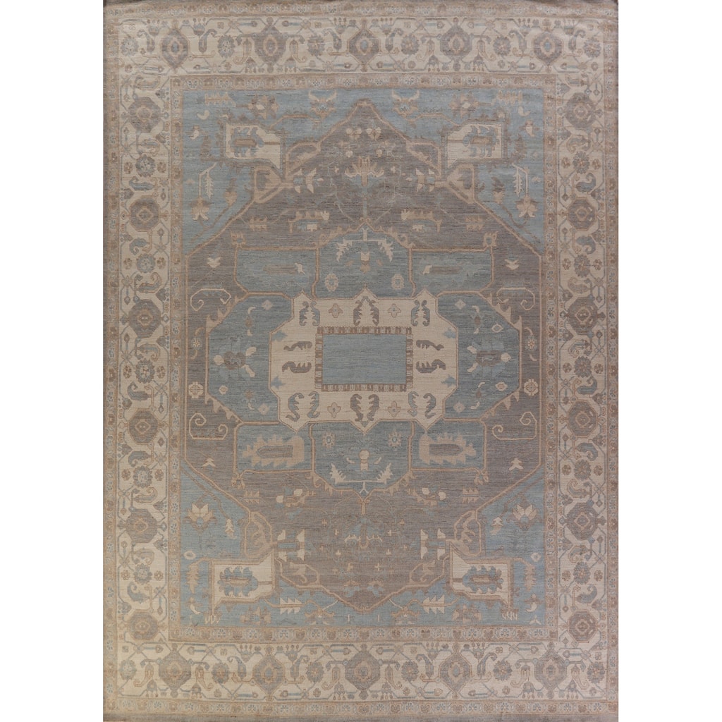 Hand Knotted Oriental 100% Wool Carpet Transitional Floral Navy Blue & Blues Oushak Area Rug - 14' 5'' X 12' 3''