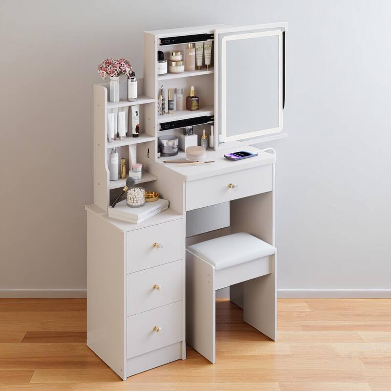 Compact Makeup Vanity with Power Outlets, Type-C Charging, Touch Mirror & Stool, 29.2" Dresser for Small Space