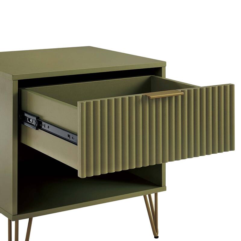 20inch Fluted Nightstand in Olive Green with Gold Handles and Splayed Legs