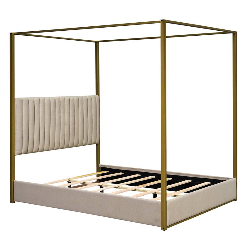Queen Upholstered Canopy Bed with Headboard, Metal Frame, and Linen Upholstery, 4-Poster Modern Design, Easy Assembly