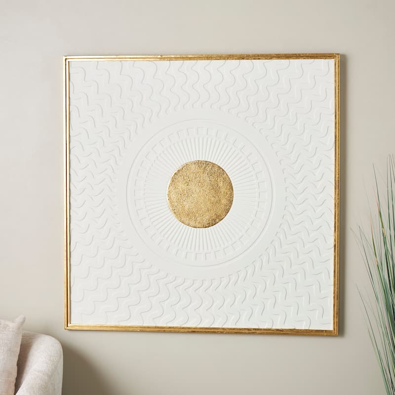 White Metal Geometric Home Wall Decor with Gold Foil Center and Wavy Patterns