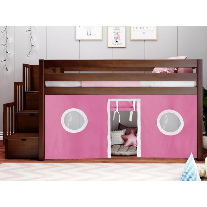 JACKPOT Contemporary Low Loft Twin Bed with 3 Step Stairway and Tent
