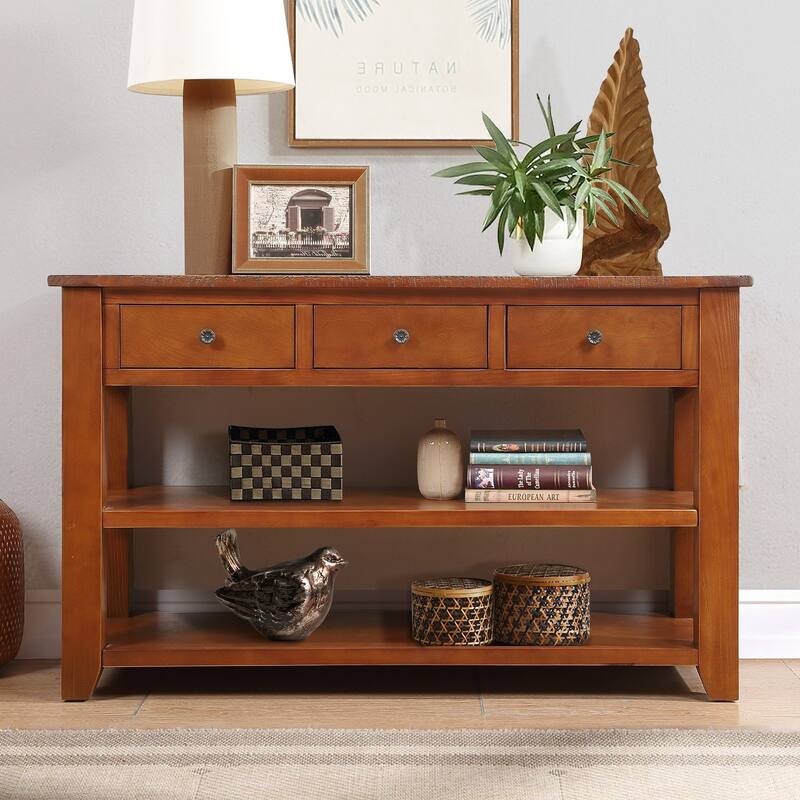 48'' Solid Pine Wood Top Console Table, Modern Entryway Sofa Side Table with 3 Storage