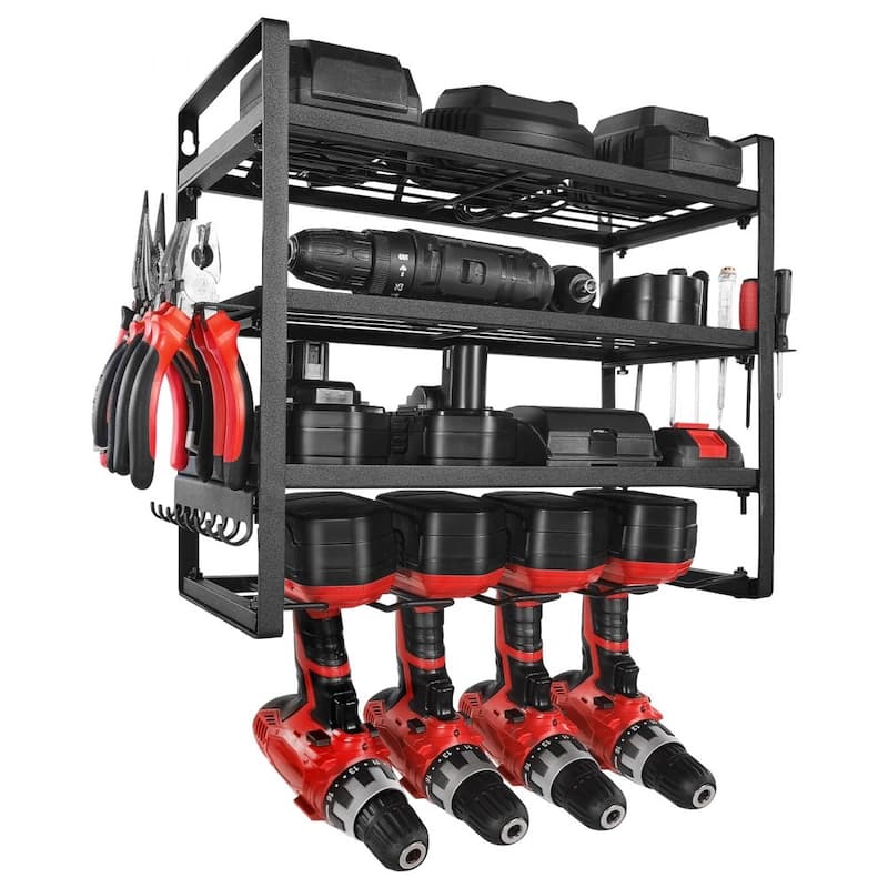 4-Tier Black Wall-Mounted Power Tool Rack with Drill Slots Shelves and Hooks for Garage Storage - 19.29” x 7.87” x 14.57”