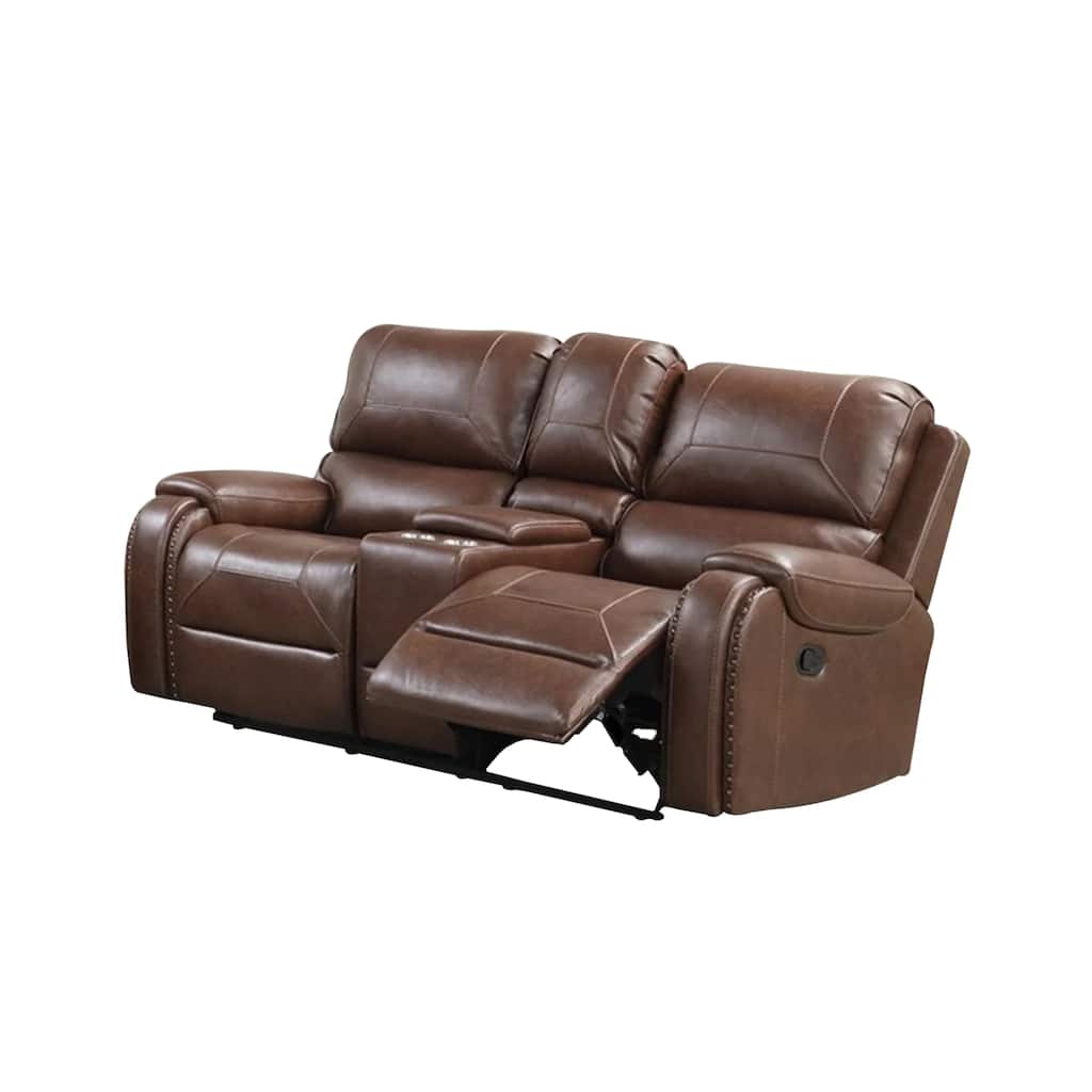 Teli Manual Recliner Loveseat with Console and USB Port, Dark Brown Faux Leather