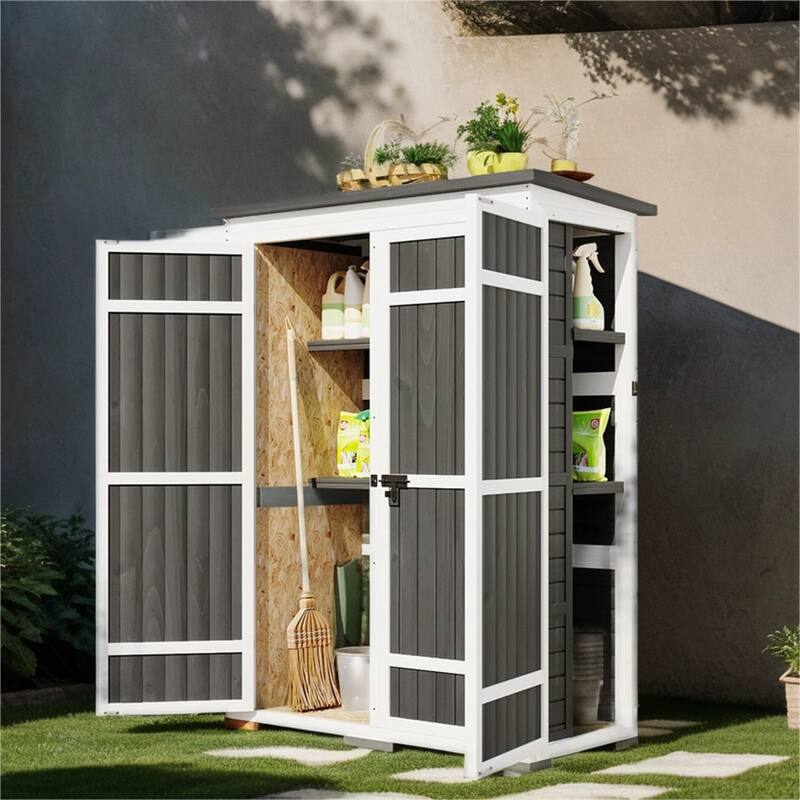 Outdoor Lockable Wood Storage Shed with Waterproof Roof and Shelves - white+gray