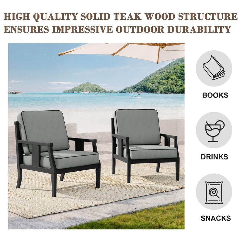 Black Wood Patio Accent Chairs with Water-Resistant Cushions
