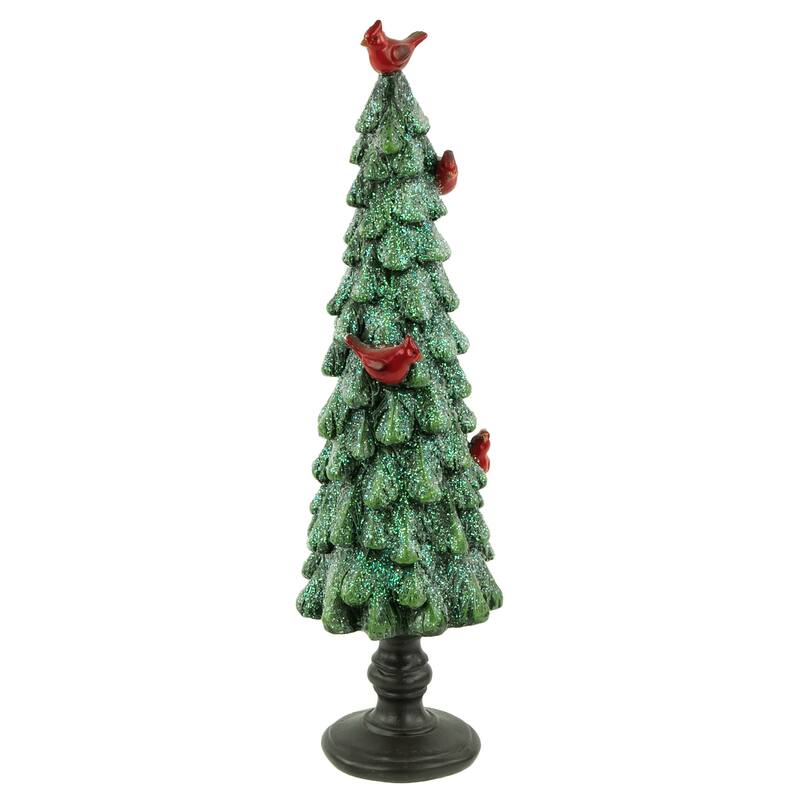Glittered Tree with Cardinals Christmas Decoration - 11" - Green and Red