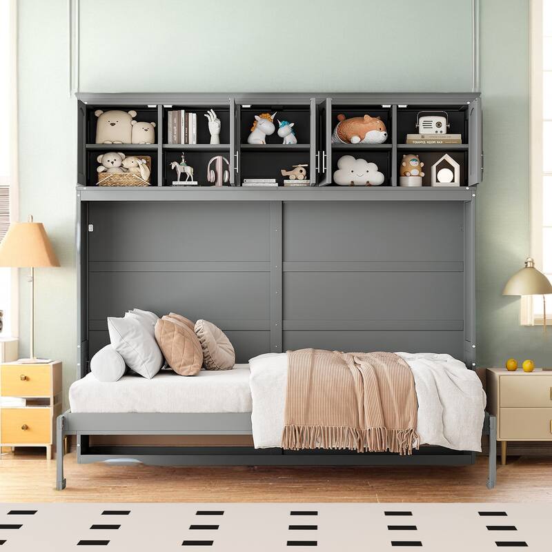 Queen Size Wooden Murphy Bed Wall Bed with Top Cabinets