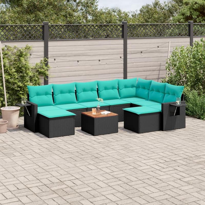 vidaXL 10 Piece Patio Sofa Set with Cushions Black Poly Rattan - 24.4 x 24.4 x 27.2