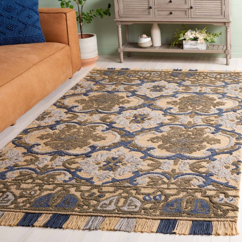 SAFAVIEH Handmade Blossom Parthenia Floral Wool Rug - 4' x 6' - Gold/Blue - Rectangle