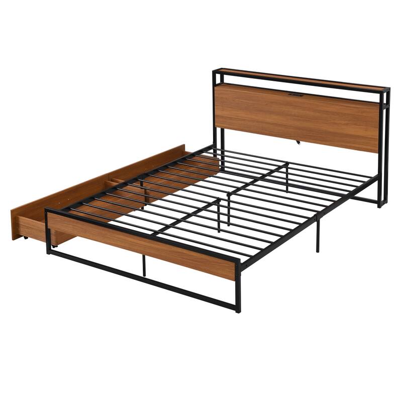 Queen Metal Bed Frame with Two Drawers,Sockets and USB Ports Bed Bath