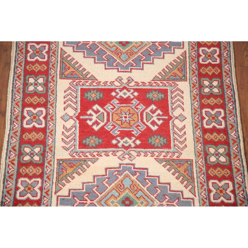 Ivory & Red Geometric Kazak Oriental Accent Rug Handmade Wool Carpet - 2'7" x 4'1"