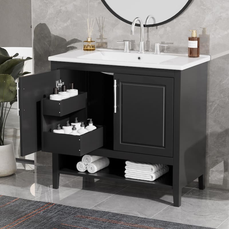 36 inch Freestanding Bathroom Vanity Set in Black with Integrated Ceramic Sink