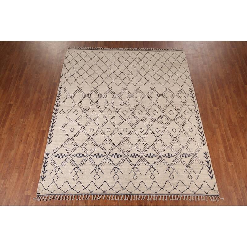 Earth Tone Trellis Moroccan Area Rug Handmade Wool Carpet - 8'1" x 9'6"