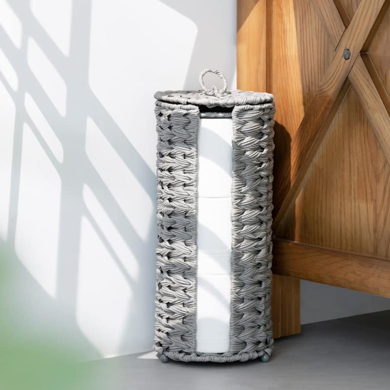 Freestanding Woven Toilet Paper Roll Holder with Lid for Bathroom, Power Room - 14.5'' H X 7'' W X 7'' D - Grey
