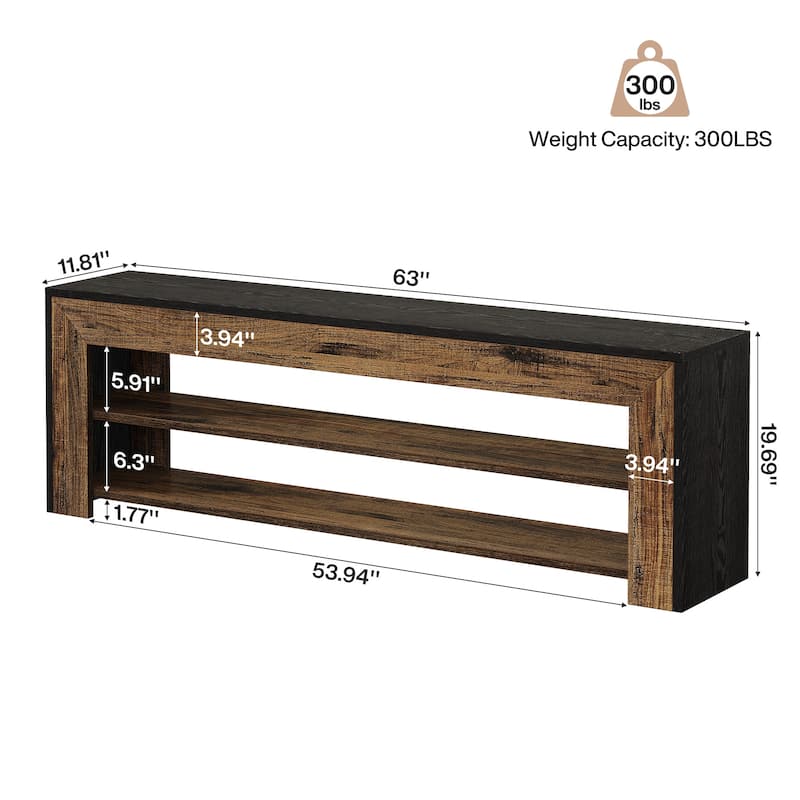 63" Entryway Bench with Shoe Storage, Wooden 3-tier Shoe Rack Bench