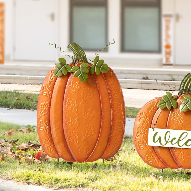 Glitzhome Set of 2 Fall Metal Embossed Glitter Pumpkin Porch Decor