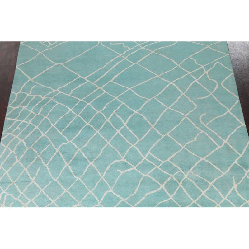 Modern Turquoise Moroccan Vegetable Dye Area Rug Handmade Wool Carpet - 7'9" x 9'10"