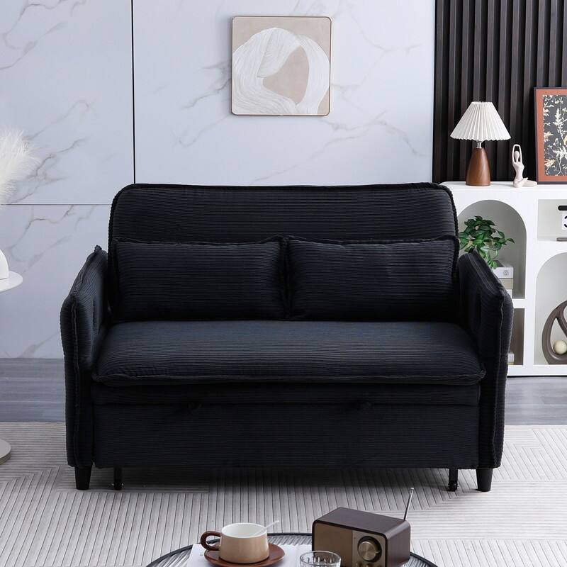 65.7" Corduroy Upholstered Pull-out Sofa With Cup Holder - Black