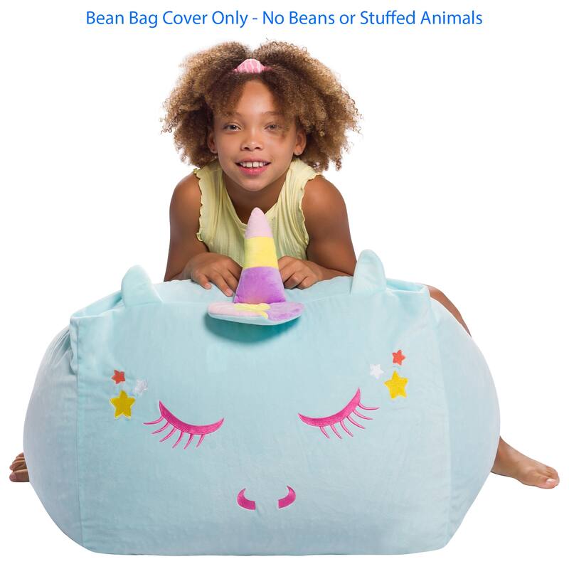 Stuffed Animal Storage Bean Bag Chair Cover only for Kids, Toy Holder - Large - 24 inch - Blue Unicorn