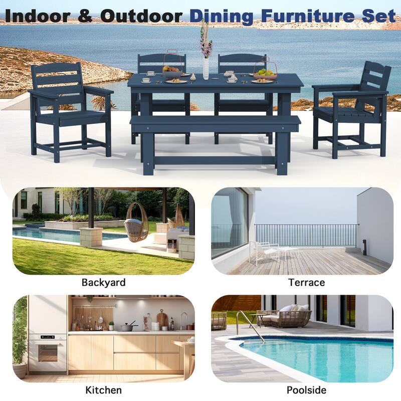 6-Piece HDPE Outdoor Dining Table Sets with Umbrella Hole - 1-Table 4-Chairs-1-Bench