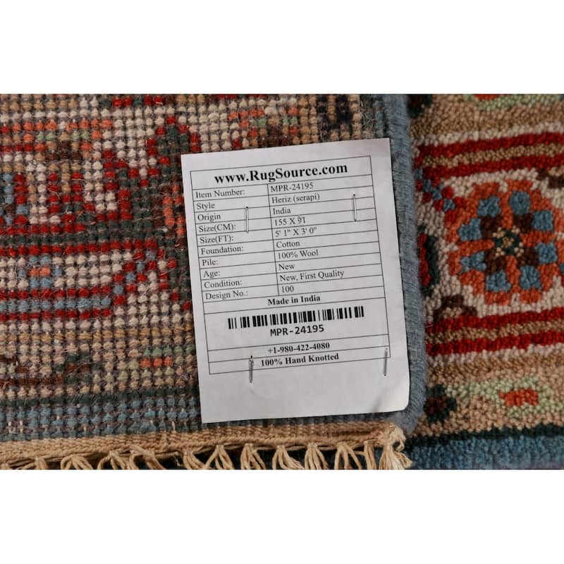 Light Blue Heriz Serapi Indian Foyer Rug Hand-Knotted Wool Carpet - 3'0"x 5'1"