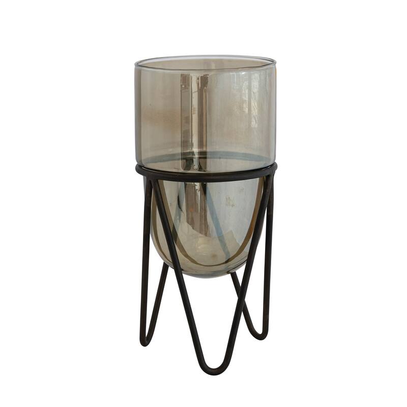 Glass Pillar Candle Holder with Metal Stand - 6.0"L x 6.0"W x 12.5"H - Brown - 6.0"L x 6.0"W x 12.5"H