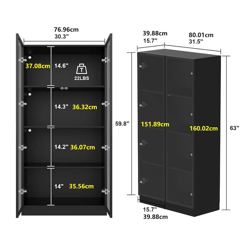 Black Glass Door Corner and Standard Cabinet Set with Lights Strips