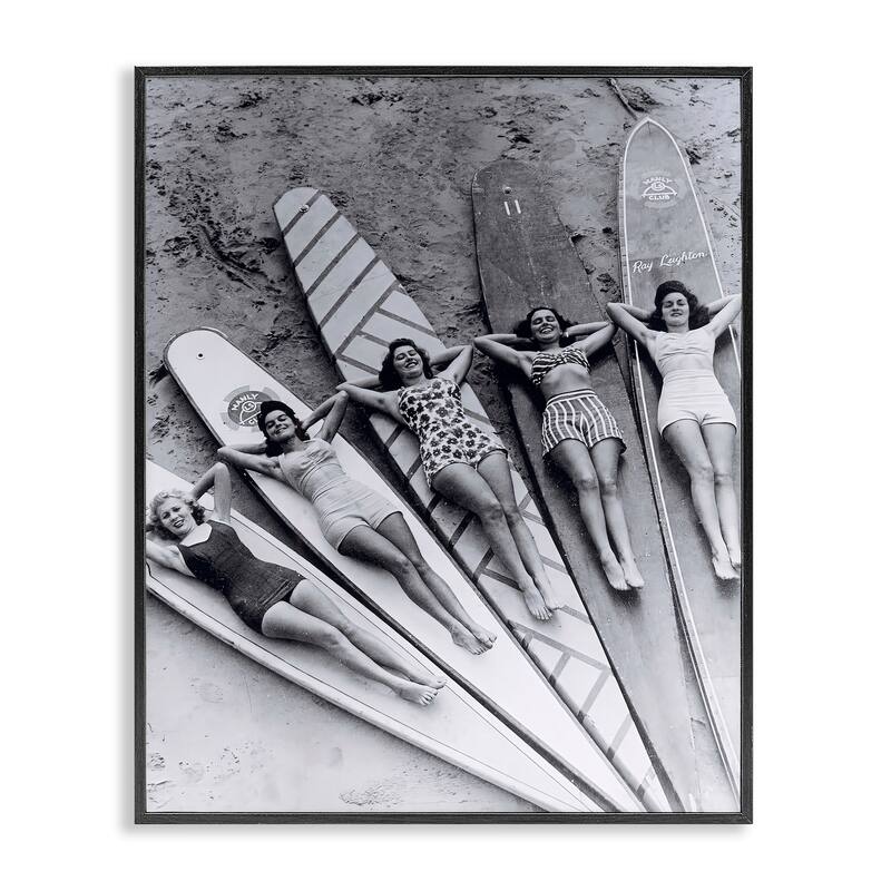 Stupell Vintage Women on Surfboards Framed Giclee Art Design By Arlington Prints - 24 x 30 - Black