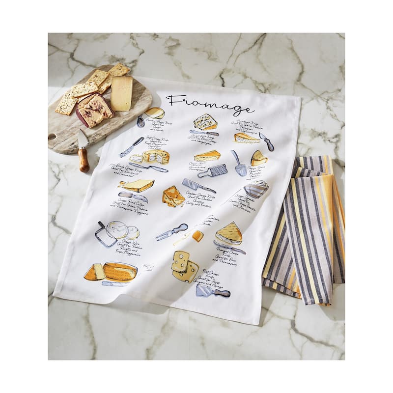 Set of 2 Fromage Cheese Themed with Coordinating Yellow Black Stripe Cotton Kitchen Dishtowels 26L x 18W in.