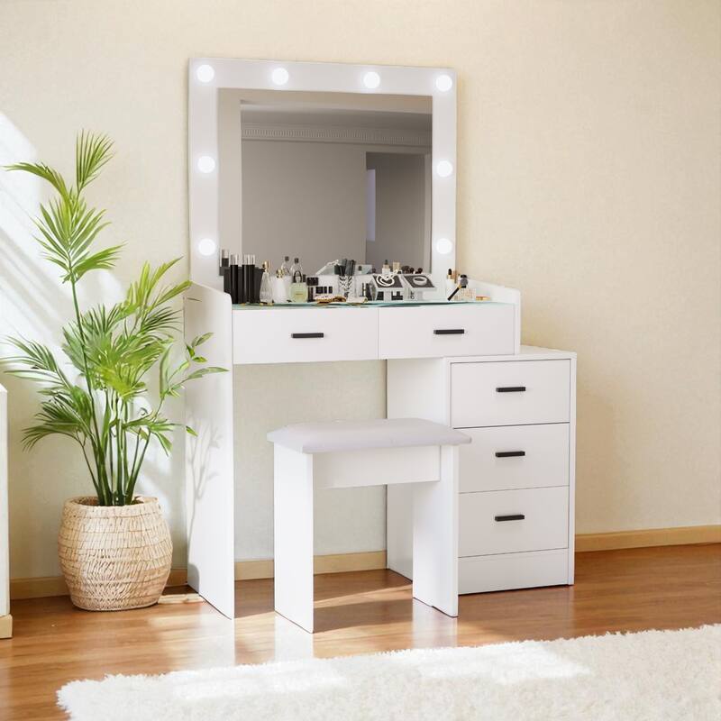Adjustable Vanity Table with LED Mirror, 5 Drawers, Sliding Storage & Stool, Touch Light Modes
