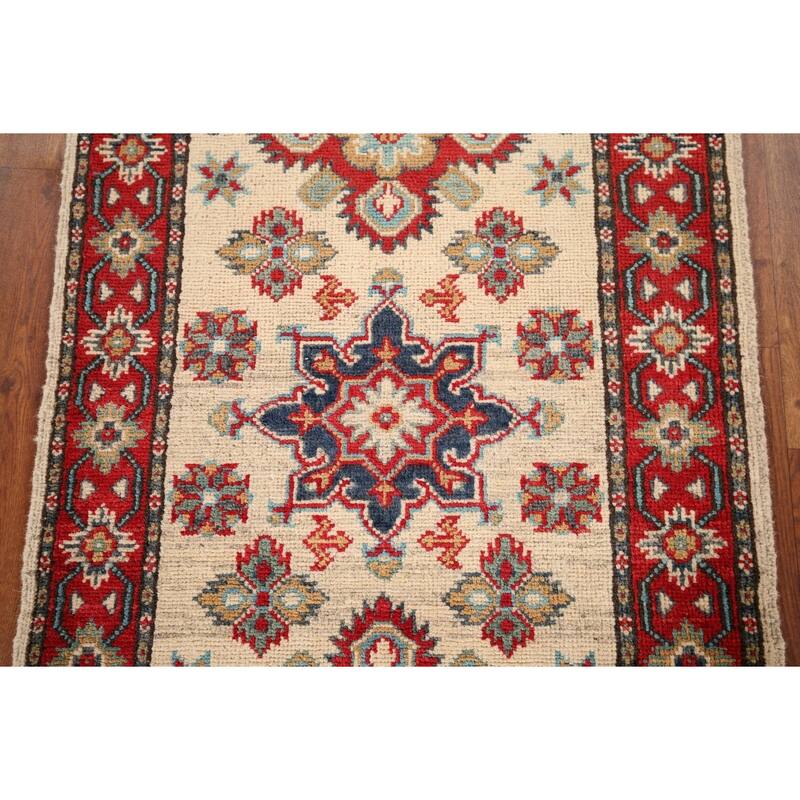 Geometric Kazak Runner Rug Hand-Knotted Beige Wool Carpet - 2'3" x 5'11"