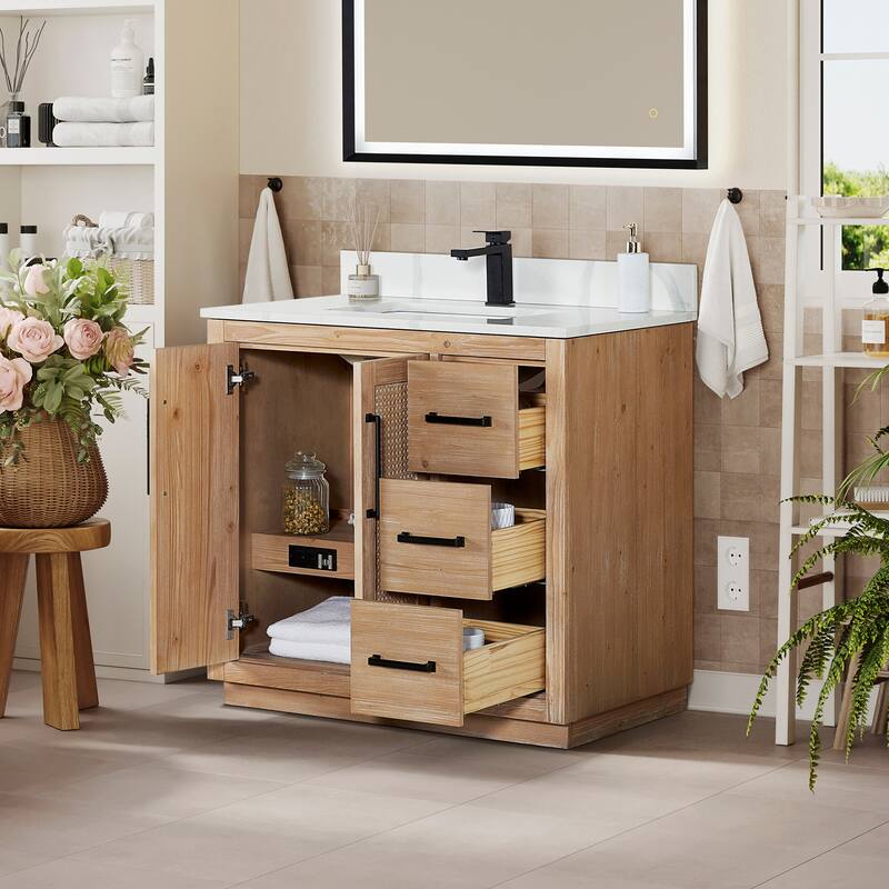 Floral Single Bathroom Vanity in Light Brown with Calacatta White Quartz Countertop without Mirror