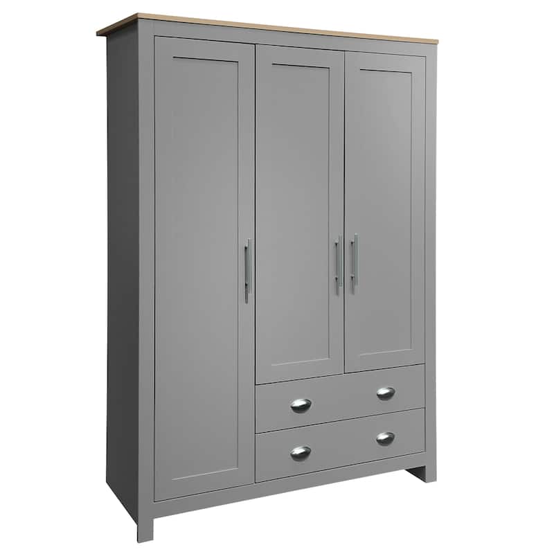 Roomfitters 3-Door Wardrobe Cabinet with Hanging Rods and Adjustable Shelving System, Gray