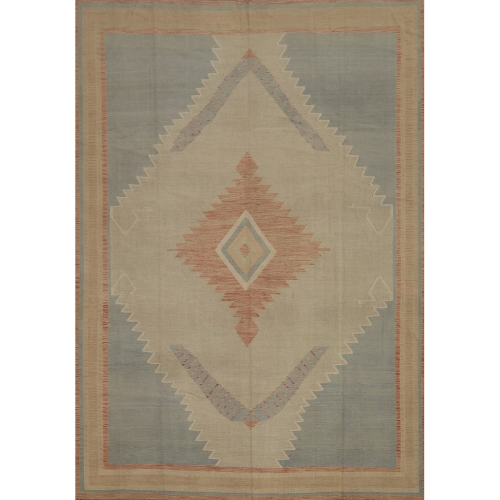 Hand Woven Oriental 100% Wool Carpet Southwestern Tribal Beige & Ivories Kilim Area Rug - 13' 0'' X 10' 0''