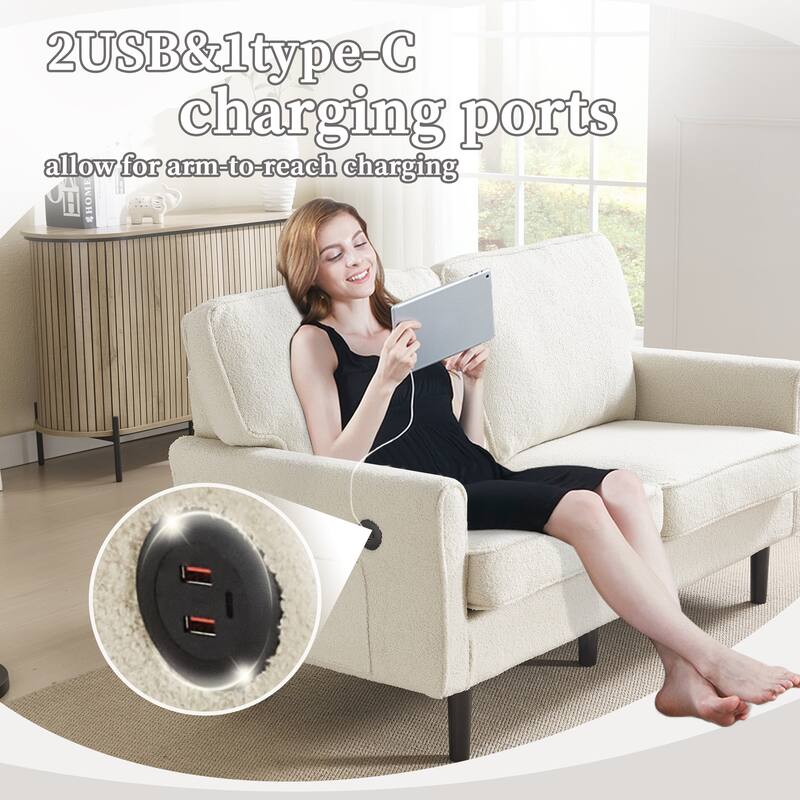 Loveseat Sofa Upholstered Deep Seat Sofa Modern Love Seat with USB & Removable Pillow Cover, Pockets 2-seat Armchair