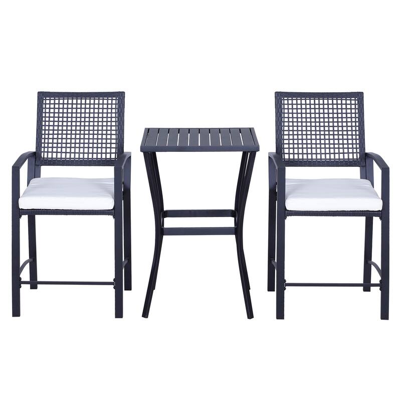 3-Piece Outdoor Rattan Wicker Bar Set with Cushioned High Chairs and Steel Frame, Weather-Resistant Patio Furniture