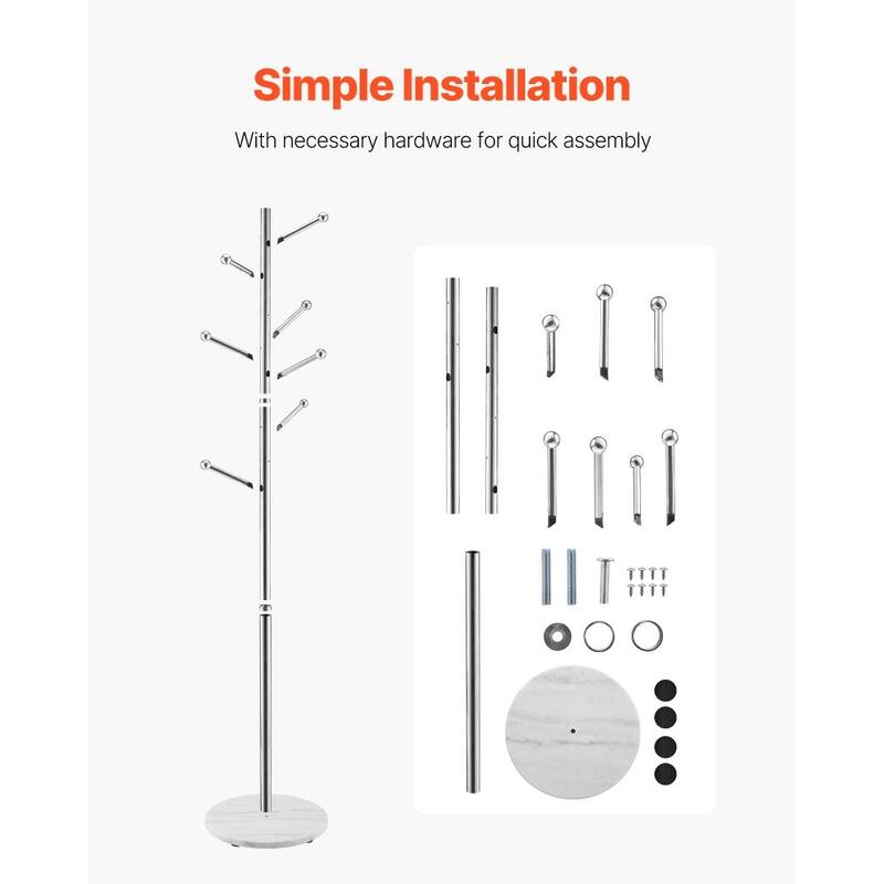 8-Hook Freestanding Coat Rack with Stainless Steel Frame and Marble Base for Home Organization - 14.57” x 14.57” x 68.11”