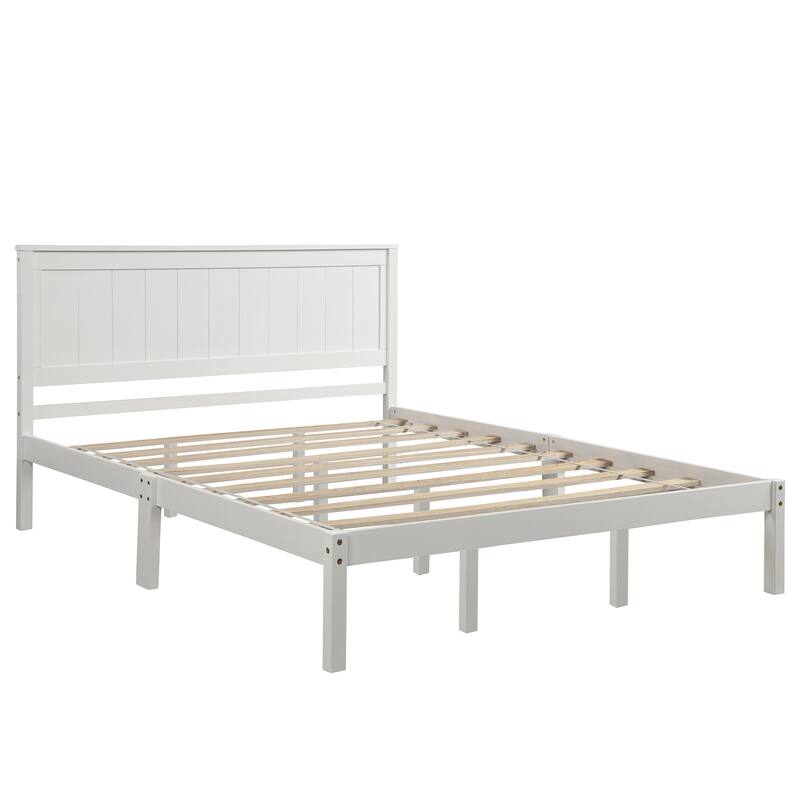 White Modern Rustic Platform Bed Frame, Headboard, Wood Slat Support