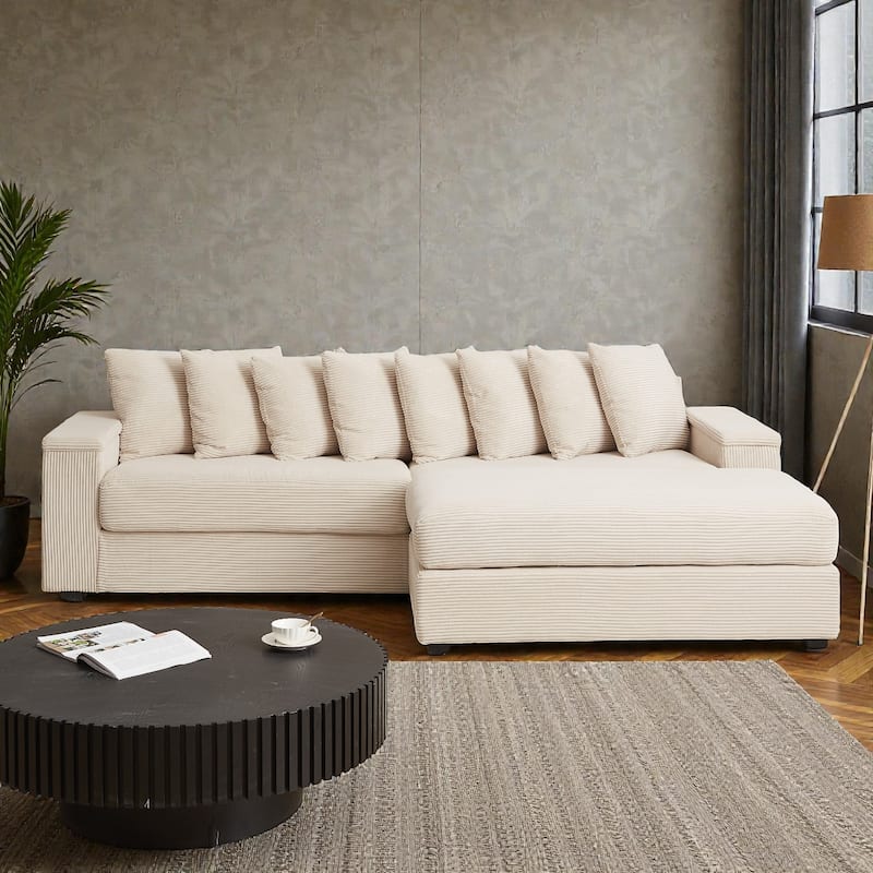 Oversized L Shaped Sectional Sofa with Chaise, Corduroy Upholstered Couch with Armrest Storage and Ottoman