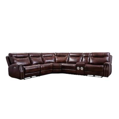Brown Top Genuine Cowhide Leather 6-Piece Multifunction Living Room Sofa Set
