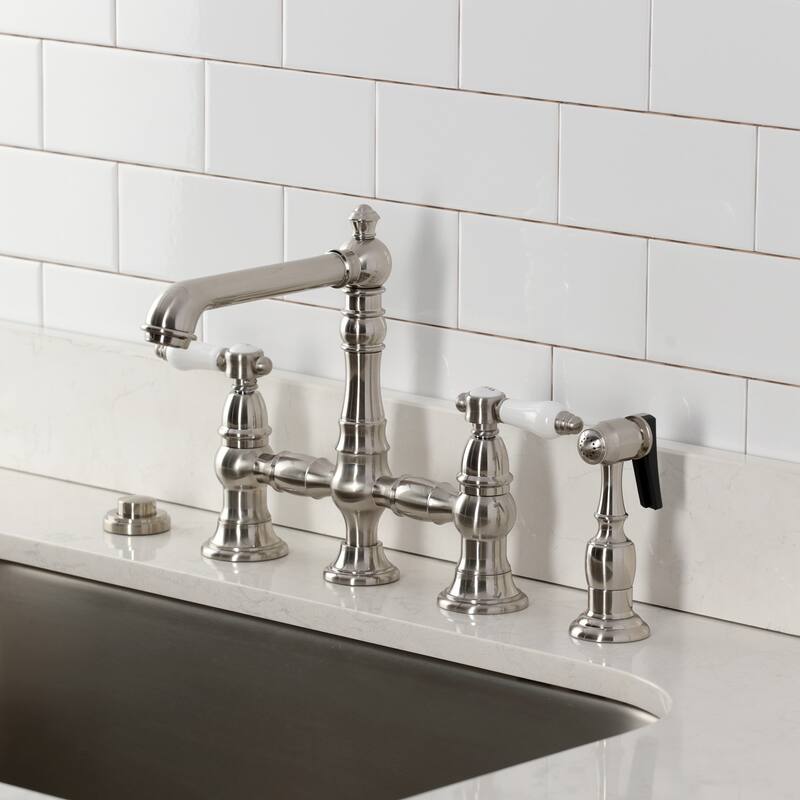 Kingston Brass Bel-Air Two-Handle 4-Hole Deck Mount Bridge Kitchen Faucet with Brass Side Sprayer