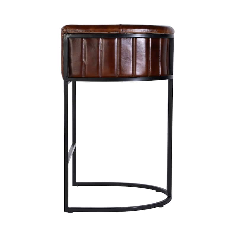 Rockford 29 in. Seat Height Leather and Iron Barrel Bar Stool with Footrest