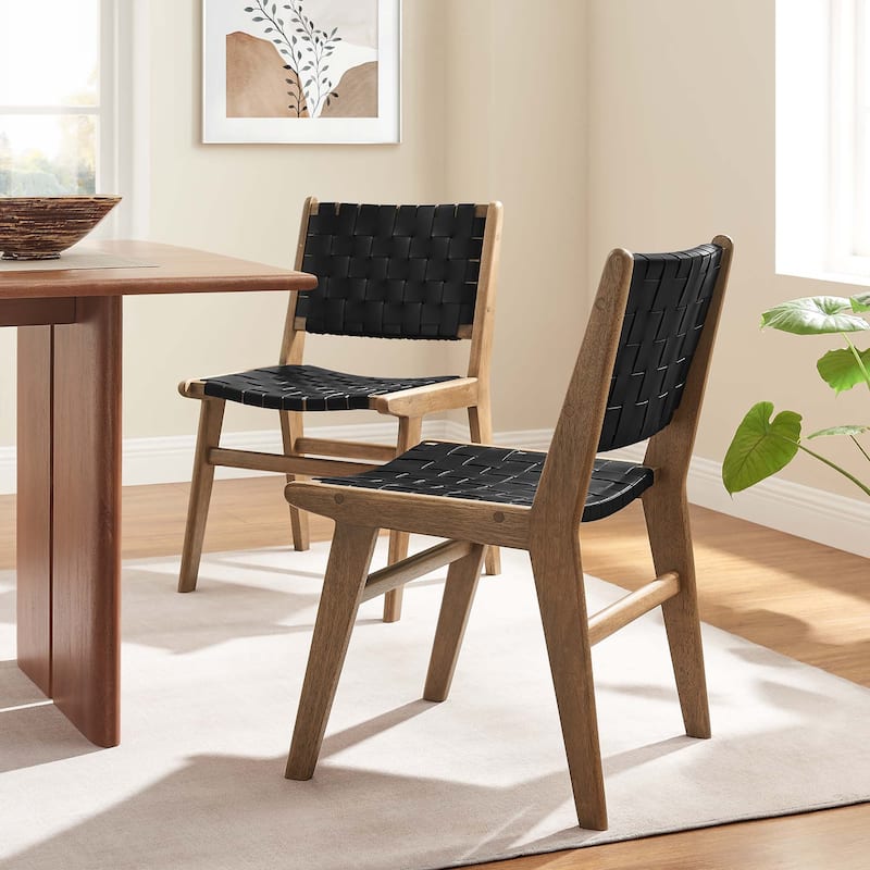 Saoirse Faux Leather Wood Dining Side Chair - Set of 2 - Walnut - Black